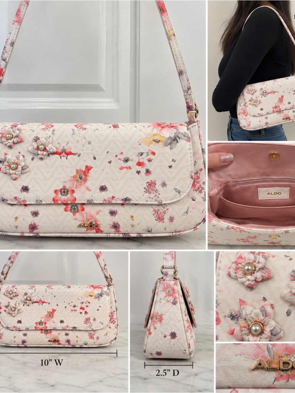 Aldo Cream and Pink Floral Pearl-Accent Shoulder Bag flower